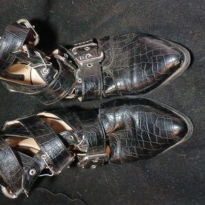 PRETTY LITTLE THING BLACK CROC THREE BUCKLE LACE UP BOOTS- SIZE  Fits US 8